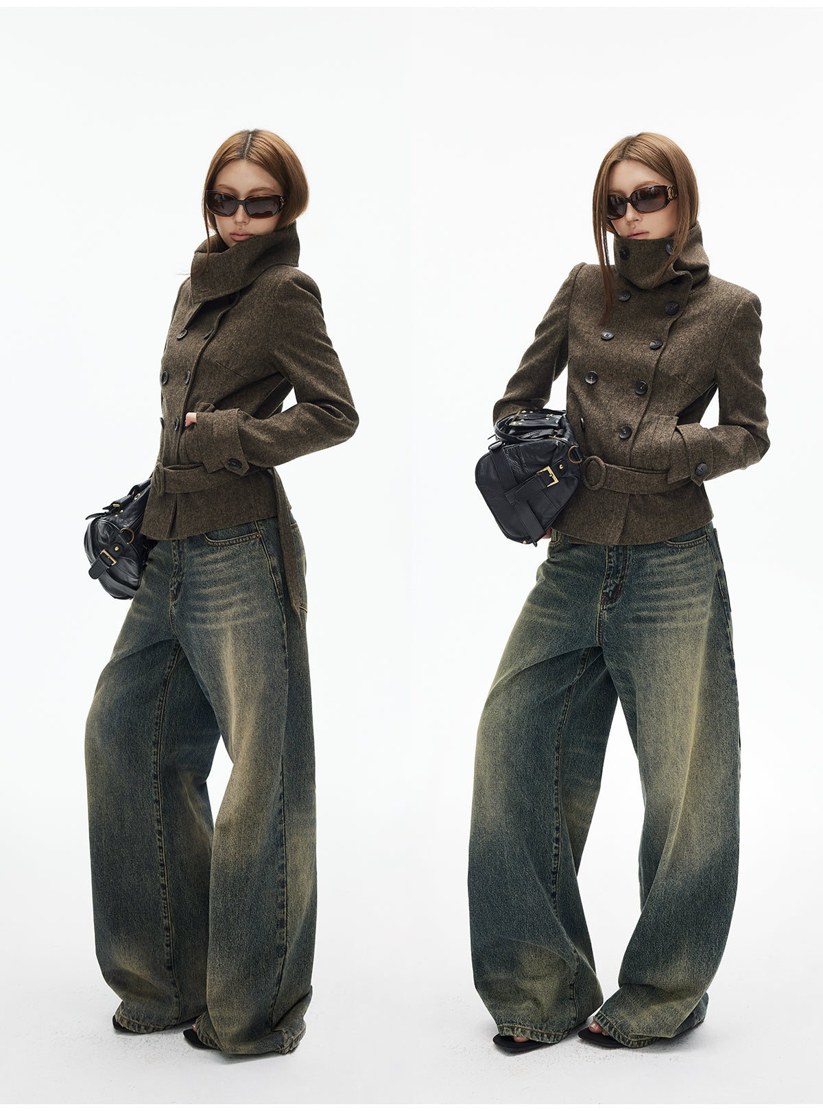 Soft and clingy wool coat, large lapels, double-breasted, low back, short and slightly loose fit iamxiaa