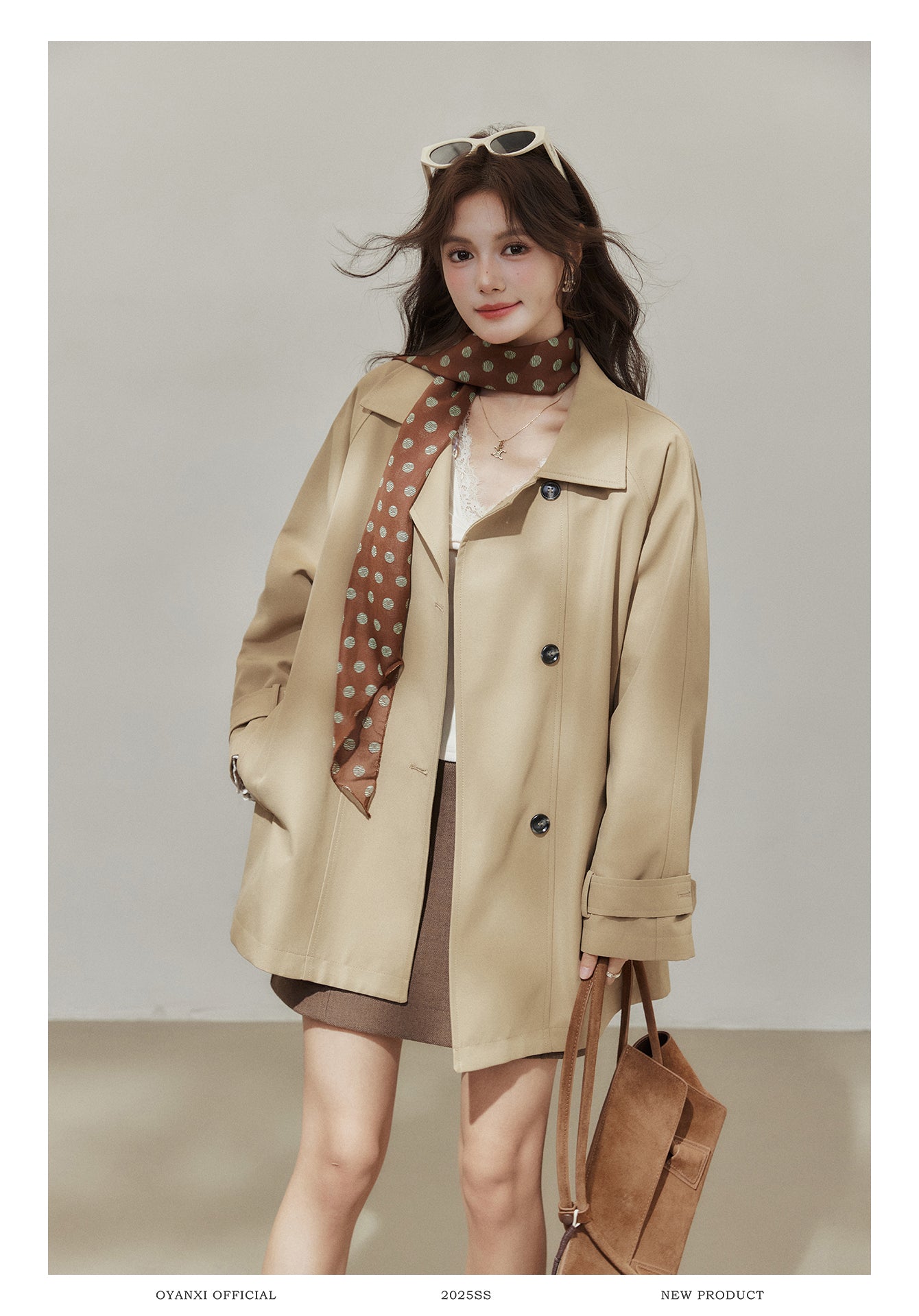 Oyanxi Women's Autumn "Freeze Paris" Khaki Raglan Long Sleeve Jacket, Short, Medium Length