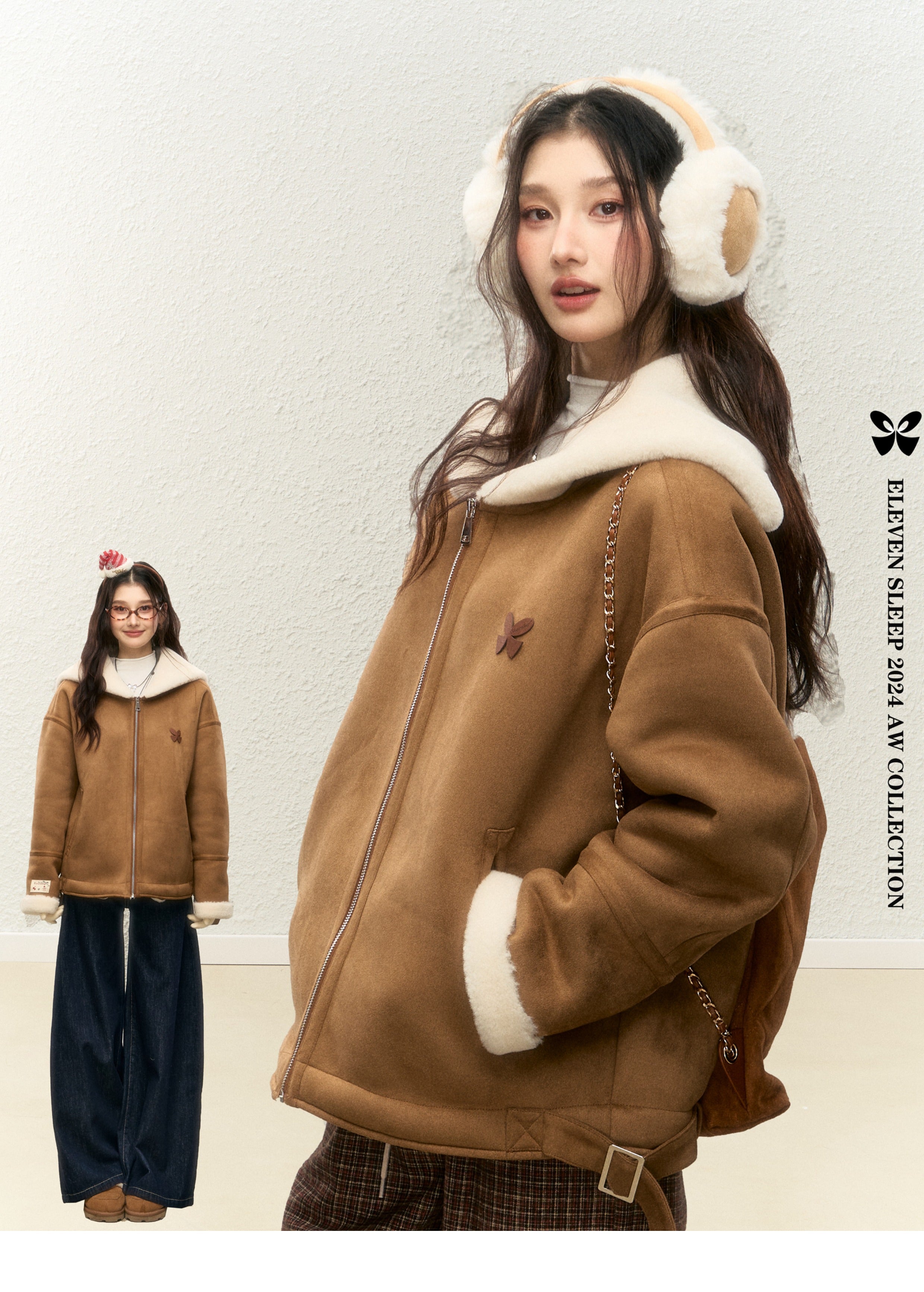 Women's winter warm thick fur coat, warm fur collar, top designed with suede ELEVEN SLEEP