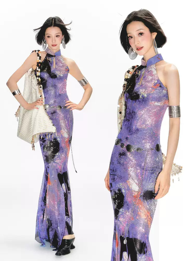 Yang Erdameng Original Chinese Style Purple Printed Sleeveless Halter Collar Cheongsam Dress for Women New Style Stand Collar Long Dress