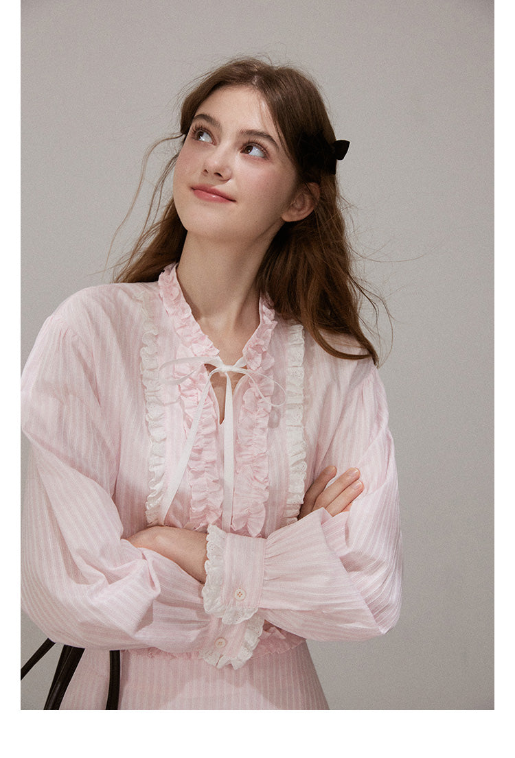 Set "Mist Color Dreamweaver" Women's French ruffled long sleeve shirt and designer mini skirt
