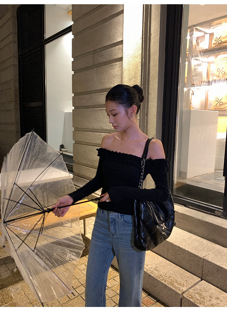 PUSUMEDE 3D rose pattern one-shoulder long-sleeved T-shirt for women, body-hugging design