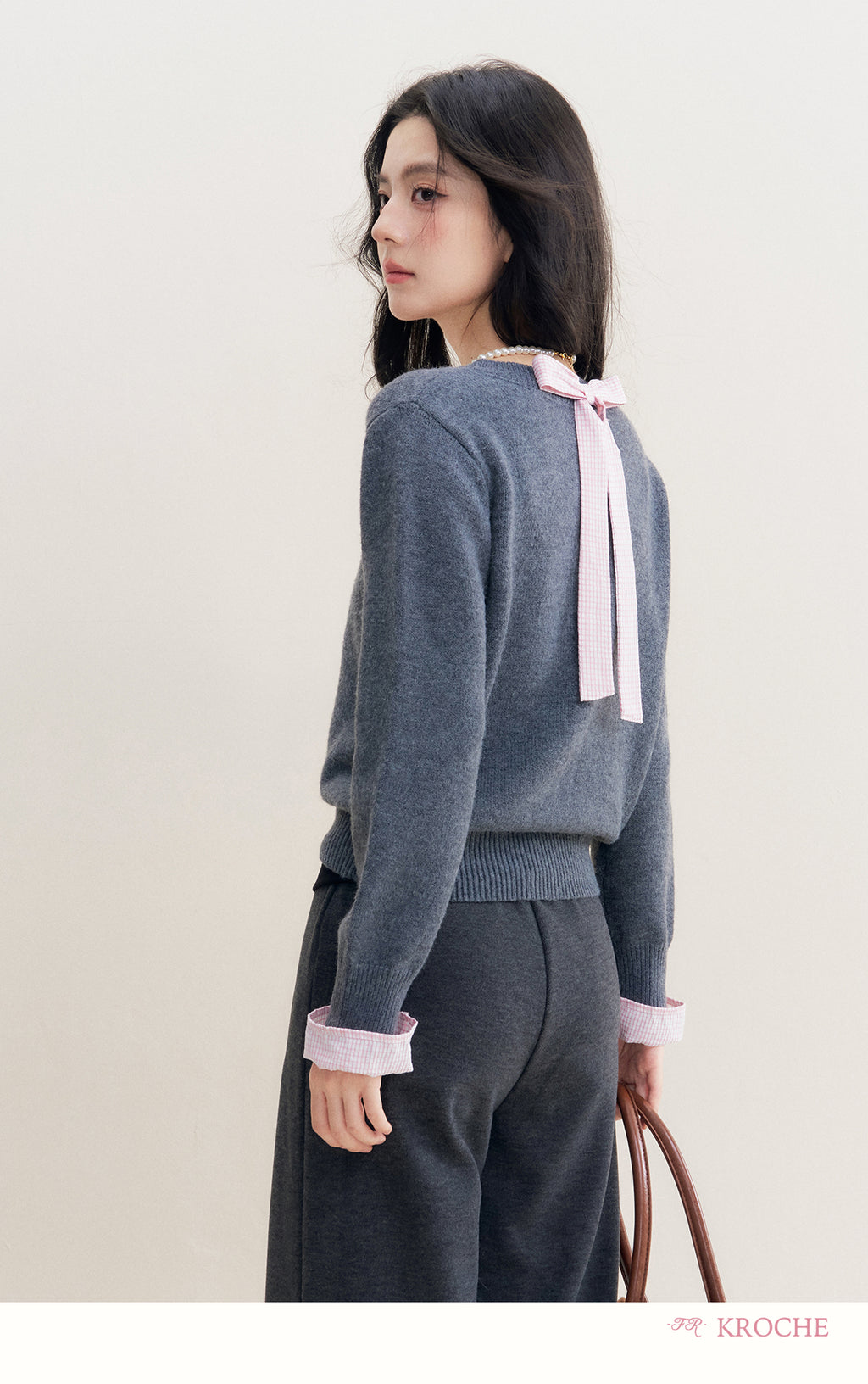 kroche 25AW two piece grey wool blend patchwork v neck sweater with bow
