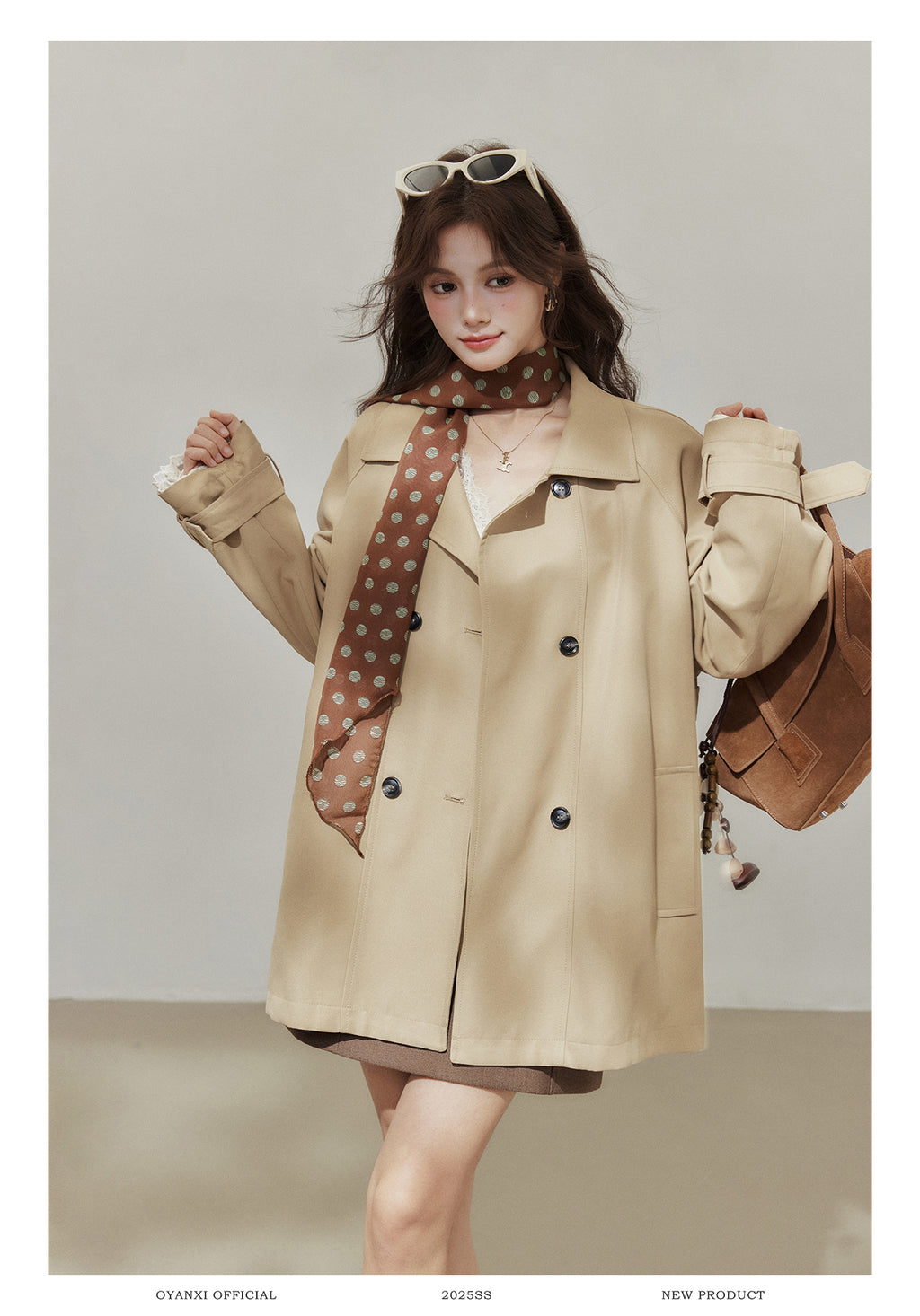 Oyanxi Women's Autumn "Freeze Paris" Khaki Raglan Long Sleeve Jacket, Short, Medium Length