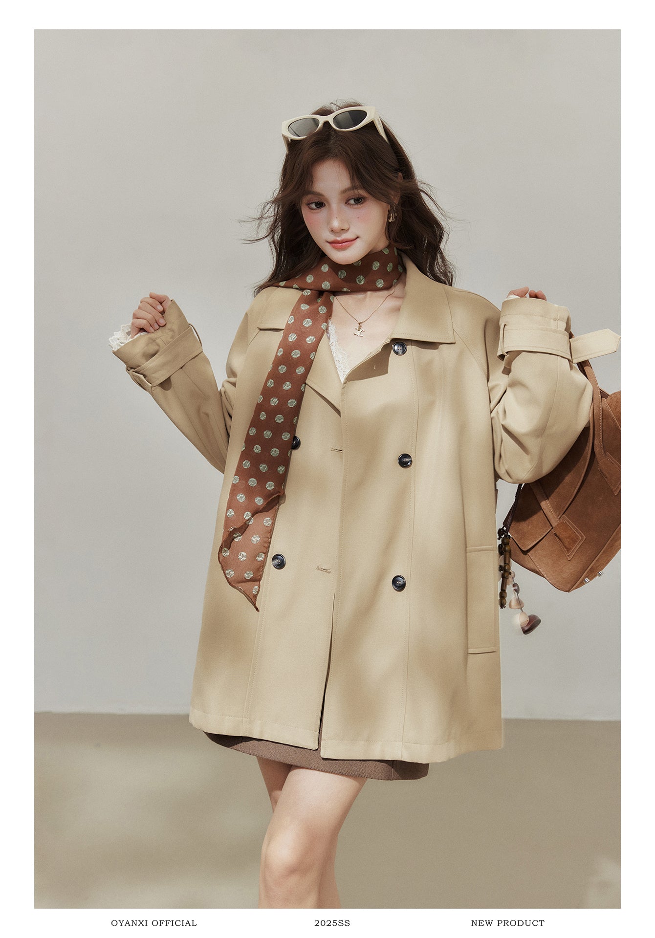 Oyanxi Women's Autumn "Freeze Paris" Khaki Raglan Long Sleeve Jacket, Short, Medium Length