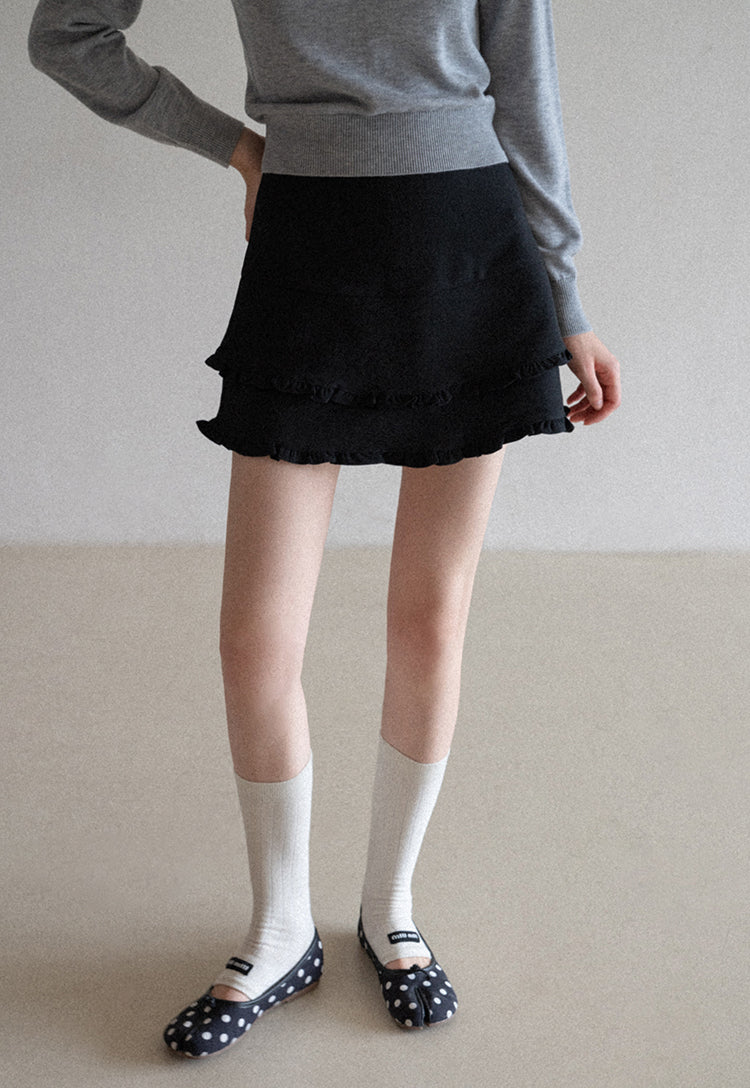 French style two-layer ruffled A-line dress for early autumn, high waist, body-hugging, anti-revealing EGGKA
