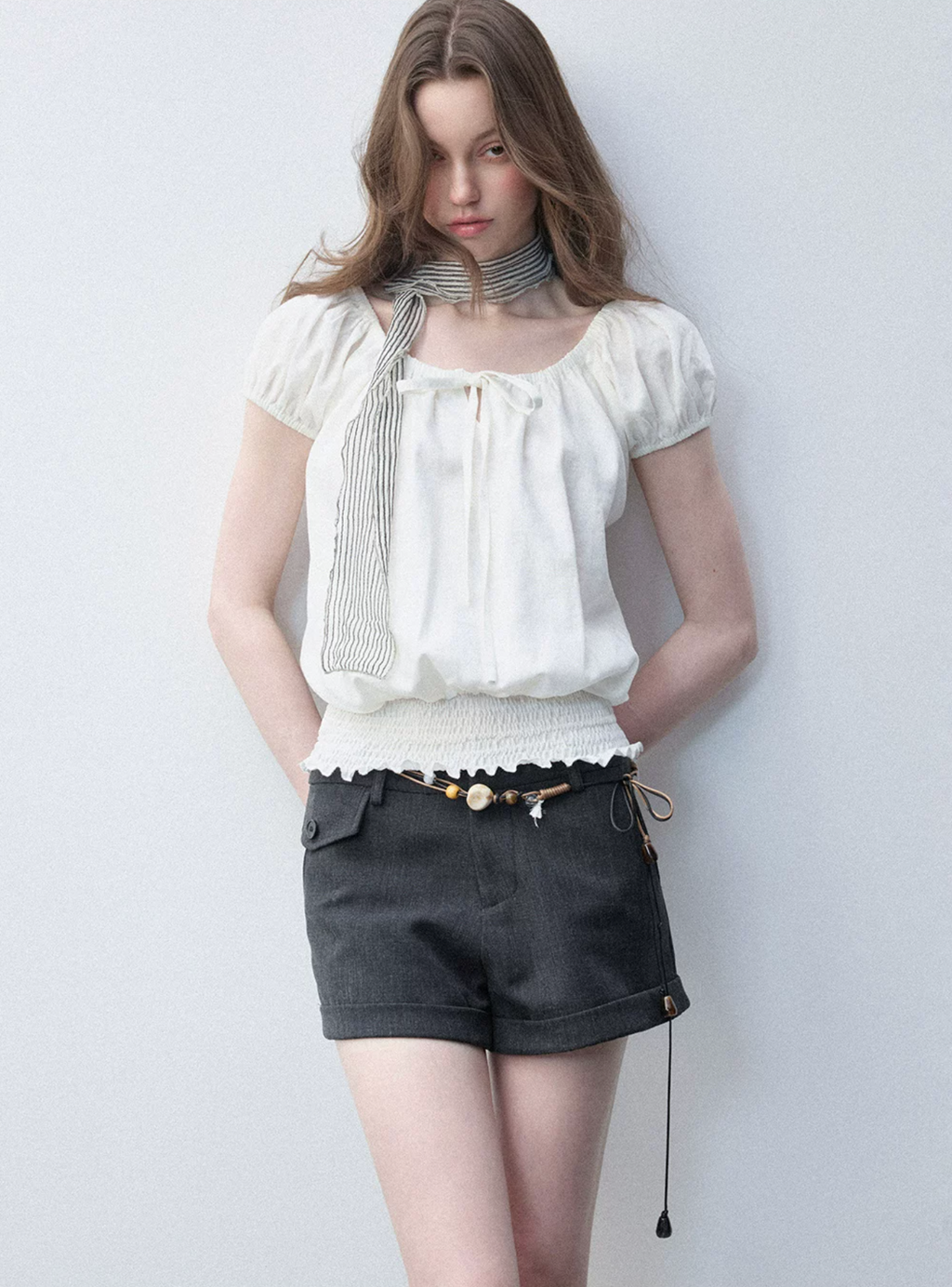 LUAMOSS Korean-style short-sleeved T-shirt with tulip pattern "Lyocell Ramie Blend" for women, breathable and flattering