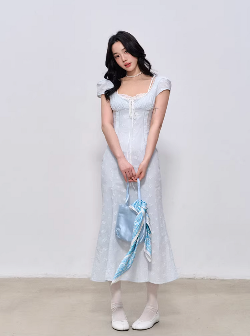 LaluneDuCiel Pure cotton long/short dress with square neck, slim waist, lace for women, suitable for spring