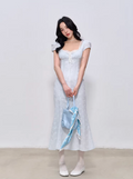 LaluneDuCiel Pure cotton long/short dress with square neck, slim waist, lace for women, suitable for spring