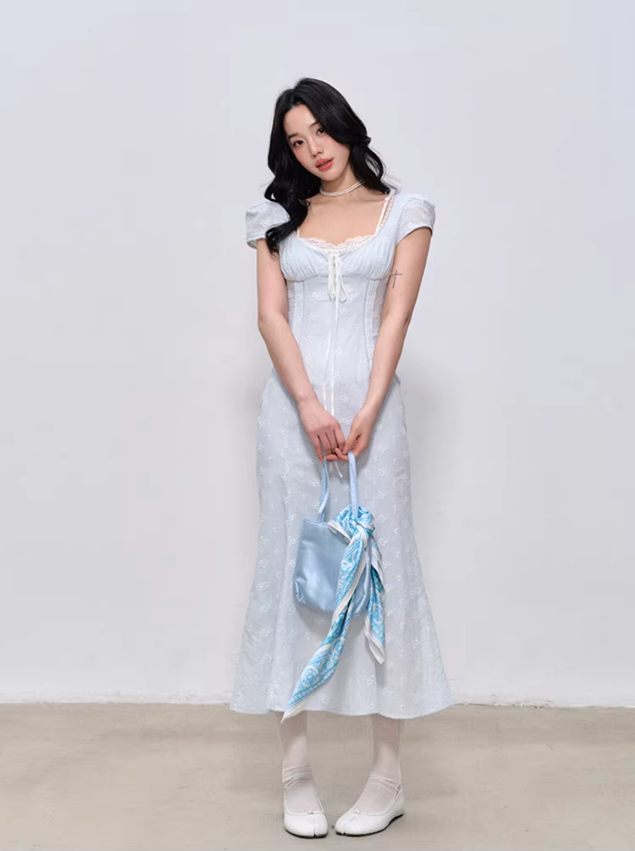 LaluneDuCiel Pure cotton long/short dress with square neck, slim waist, lace for women, suitable for spring
