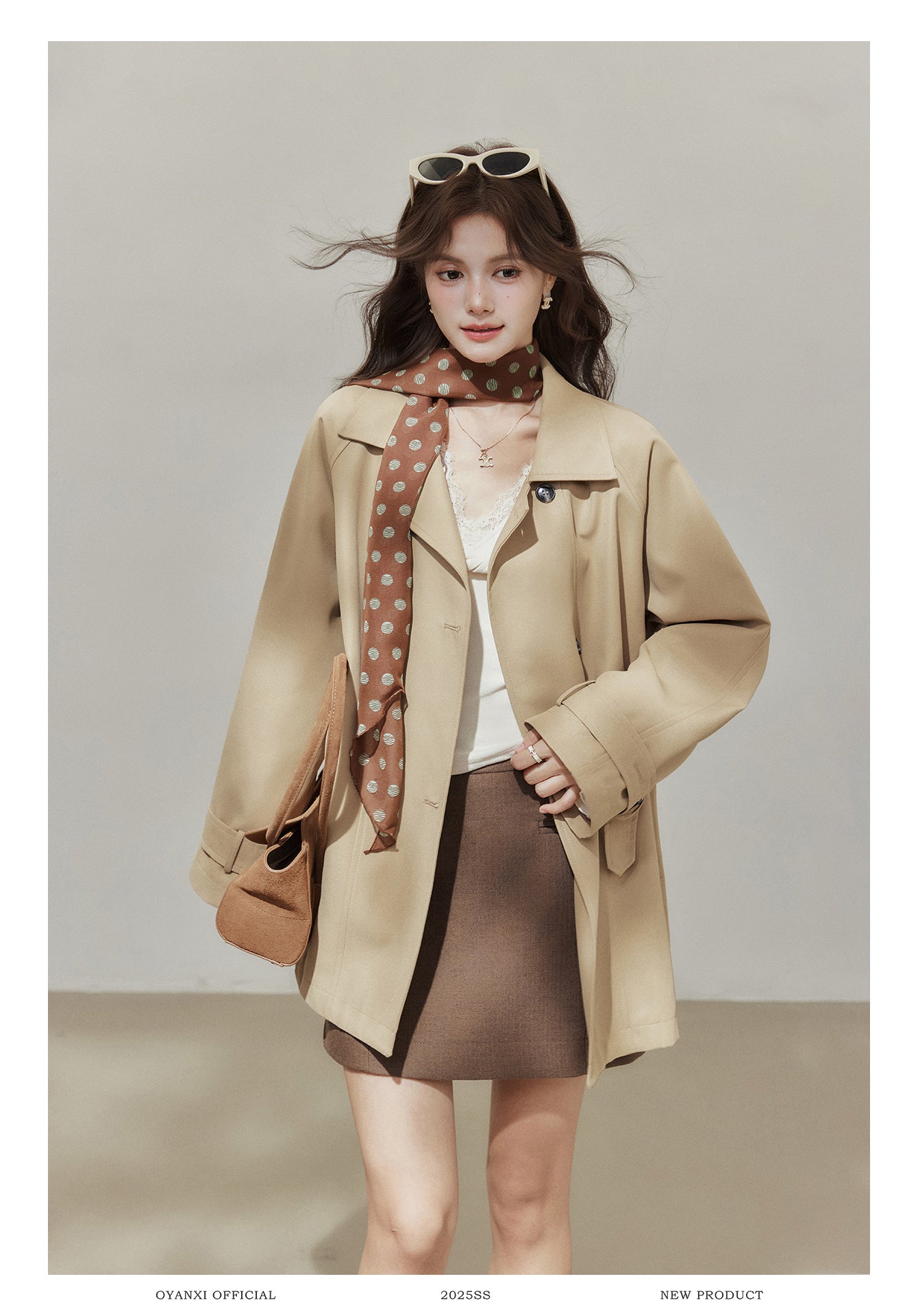 Oyanxi Women's Autumn "Freeze Paris" Khaki Raglan Long Sleeve Jacket, Short, Medium Length