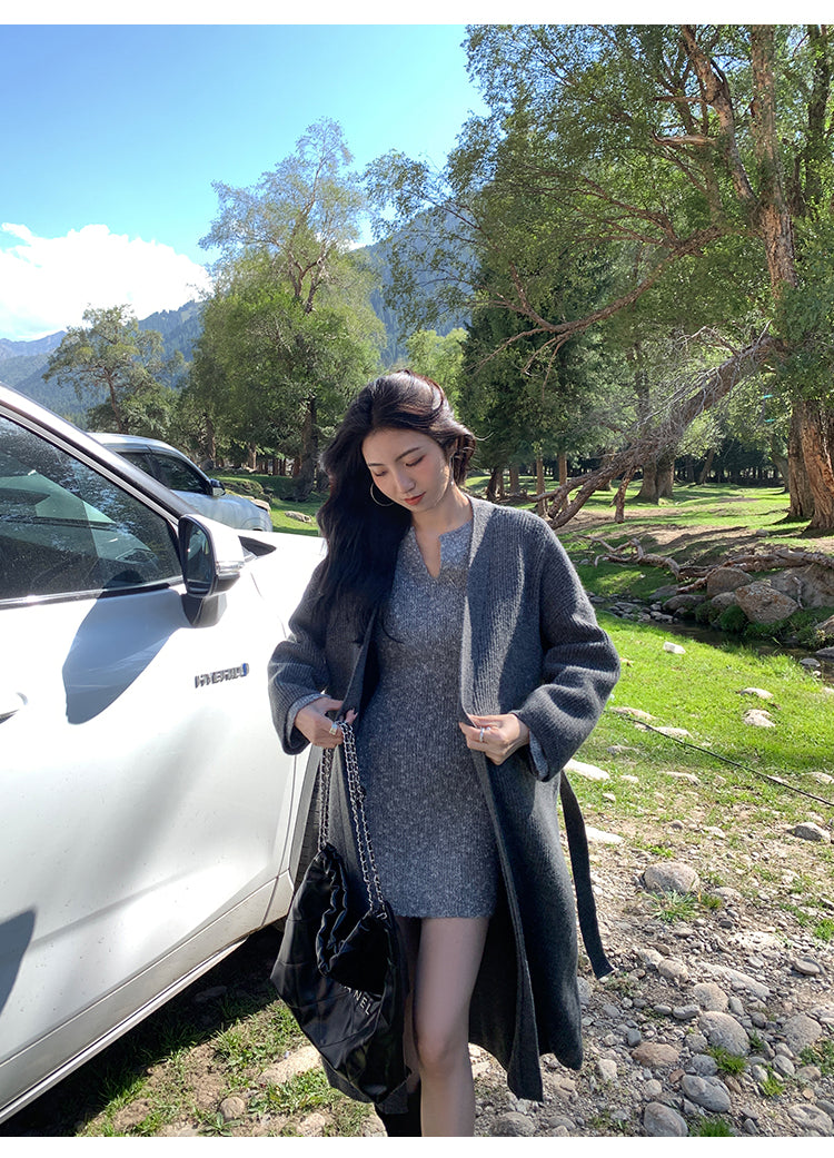 MULVAN MULVAN Women's Sexy V-Neck Sweater Dress, Fall/Winter, Slim Fit, Waistband, Bodycon Mini Skirt