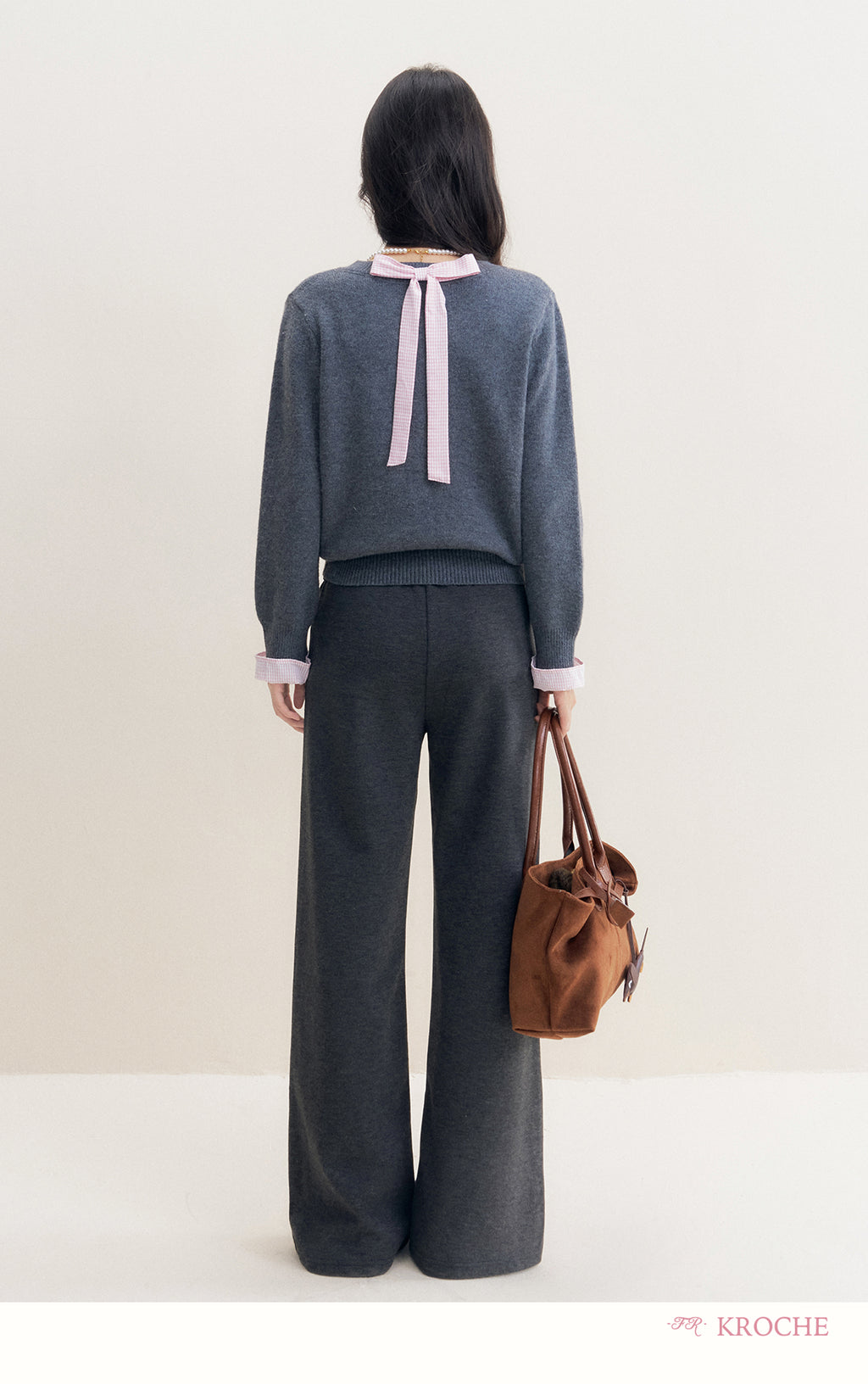 kroche 25AW two piece grey wool blend patchwork v neck sweater with bow