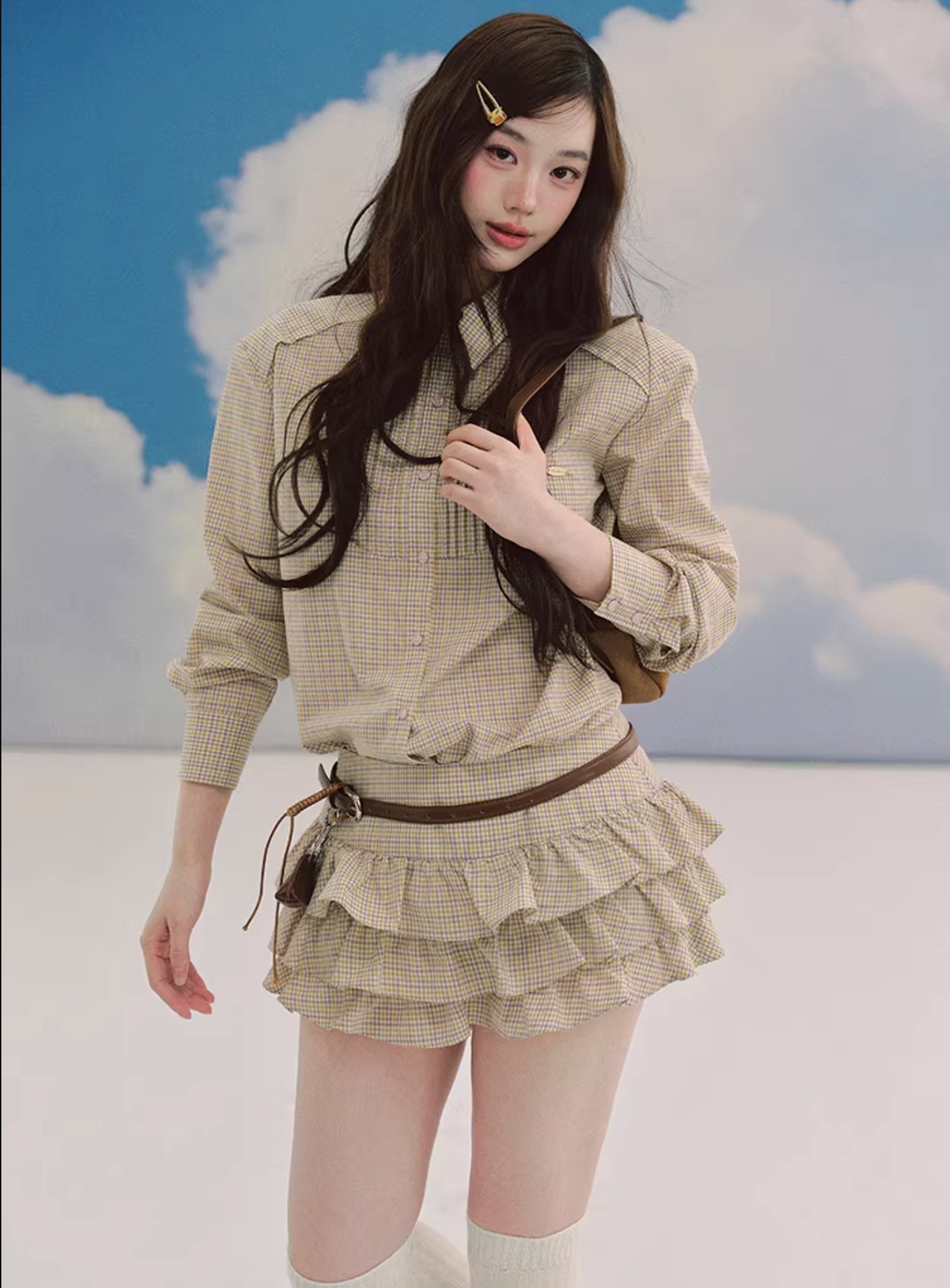 LaluneDuCiel Trendy retro style thick checkered shirt and puffy skirt set for schoolgirls