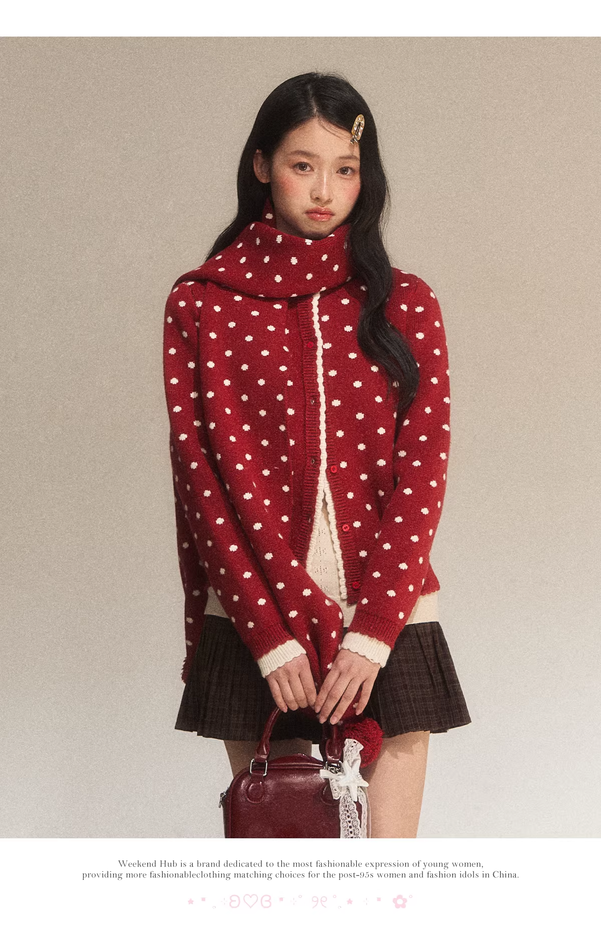 WEEKENDHUB Women's Weekendhub color-matched polka dot knitted cardigan, 2025 new retro model, red lace knitted top
