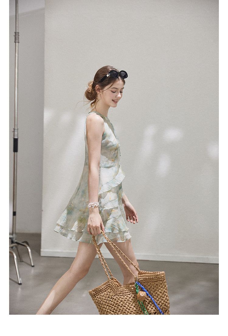 "Monet's ink painting" Callmelater sleeveless tencel halter neck dress with lace trim for the holiday season