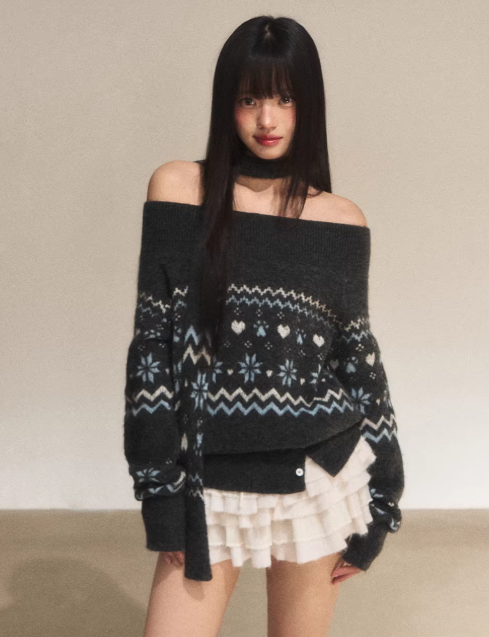 WEEKENDHUB WeekendHub women's sweater, gray with Fair Isle pattern, Korean autumn-winter style, comfortable off-the-shoulder knitted shirt, slimming and concealing.