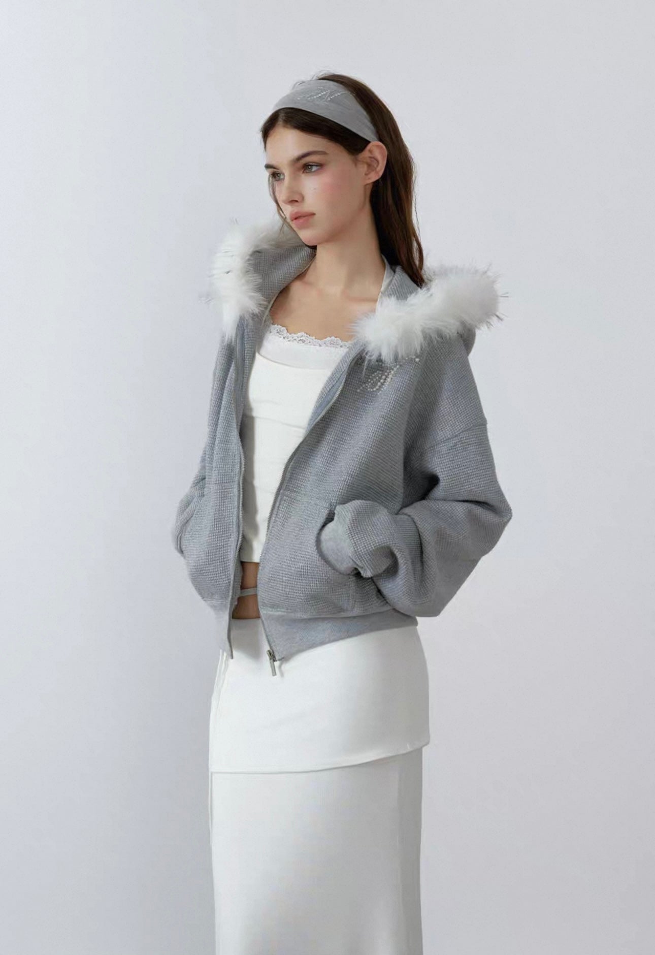 Grey fleece jacket with hood and fur collar