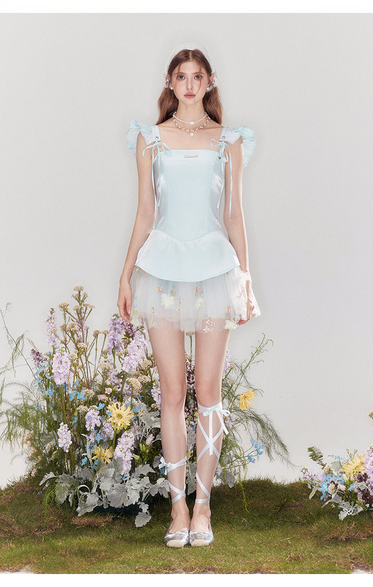 "Love & Reverie" Flowy satin ballgown with puff sleeves and a fitted waist.