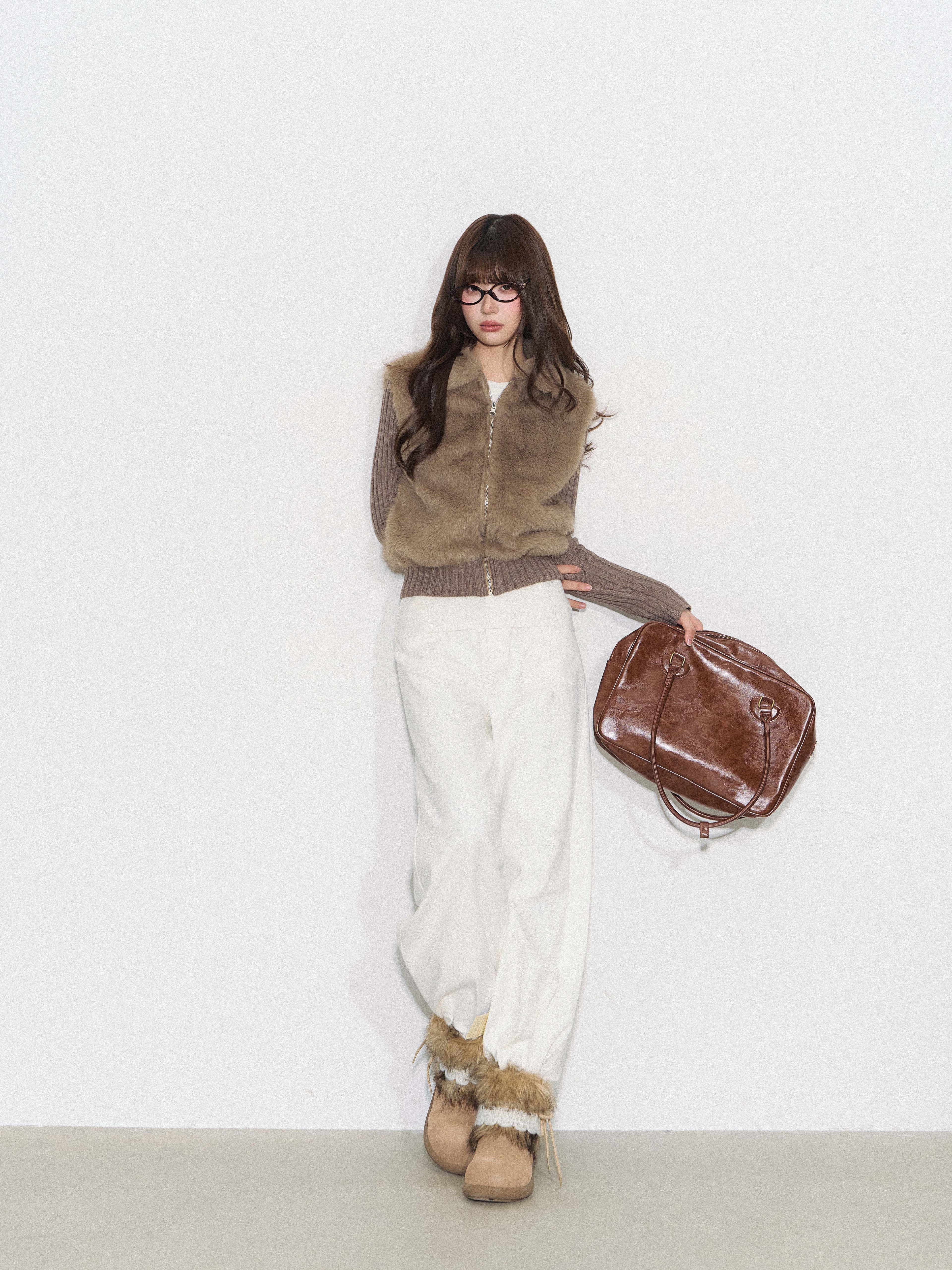 CYNI 【Caramel Afternoon】Millard Retro Plush Patchwork Short Two-Piece Faux Fur Coat for Women