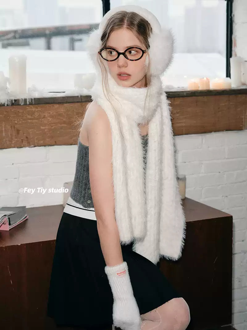 FEITIY Set Snowman Style Long Fur Scarf, Earmuffs, Gloves Gift for Women, Autumn/Winter