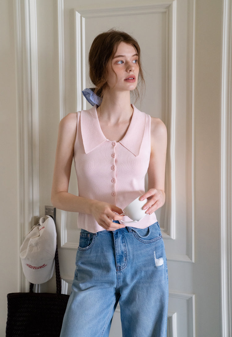 EGGKA Women's Summer Sleeveless Classic Lapel Cardigan Slim Fit Korean Elegant Temperament Slim Cardigan