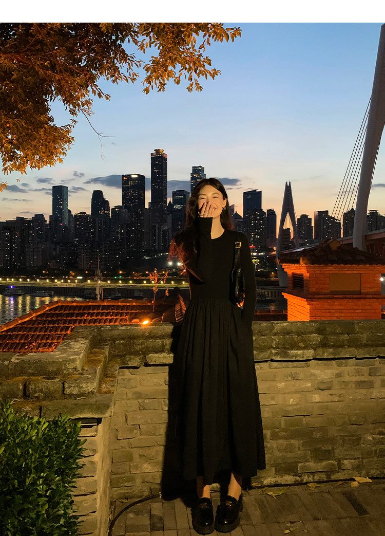High-end long-sleeved dress for women with slim waist and Hepburn style Pusumede long dress