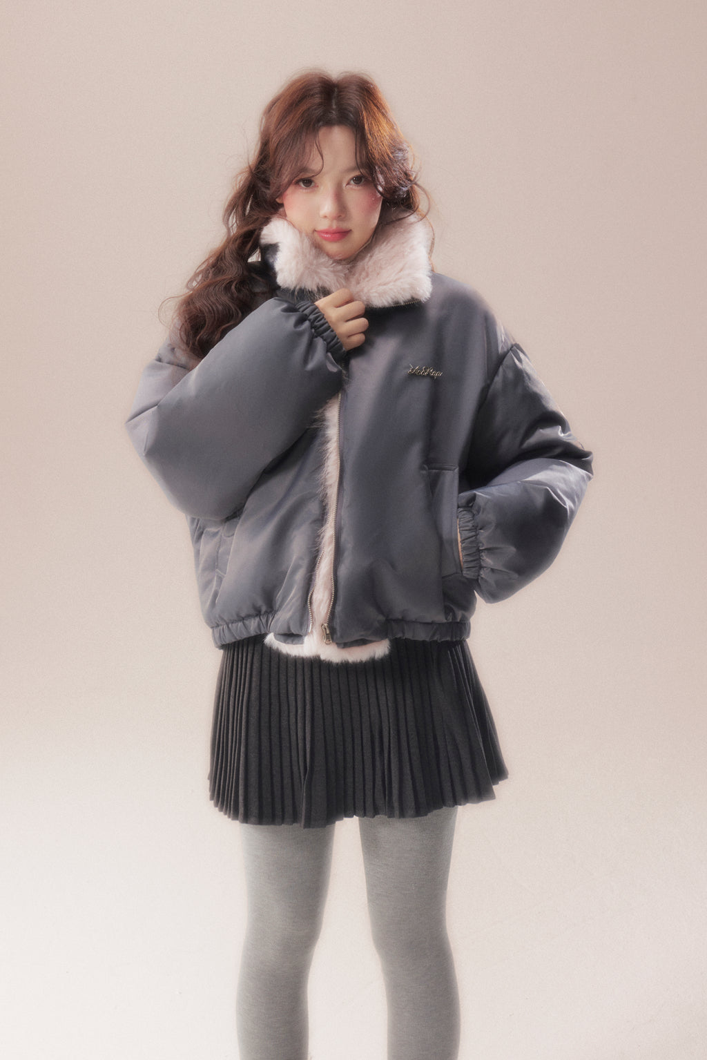 AOORAA 【Winter New Arrival】Original Design Patchwork Fleece Jacket "Cherry Blossom Snow"