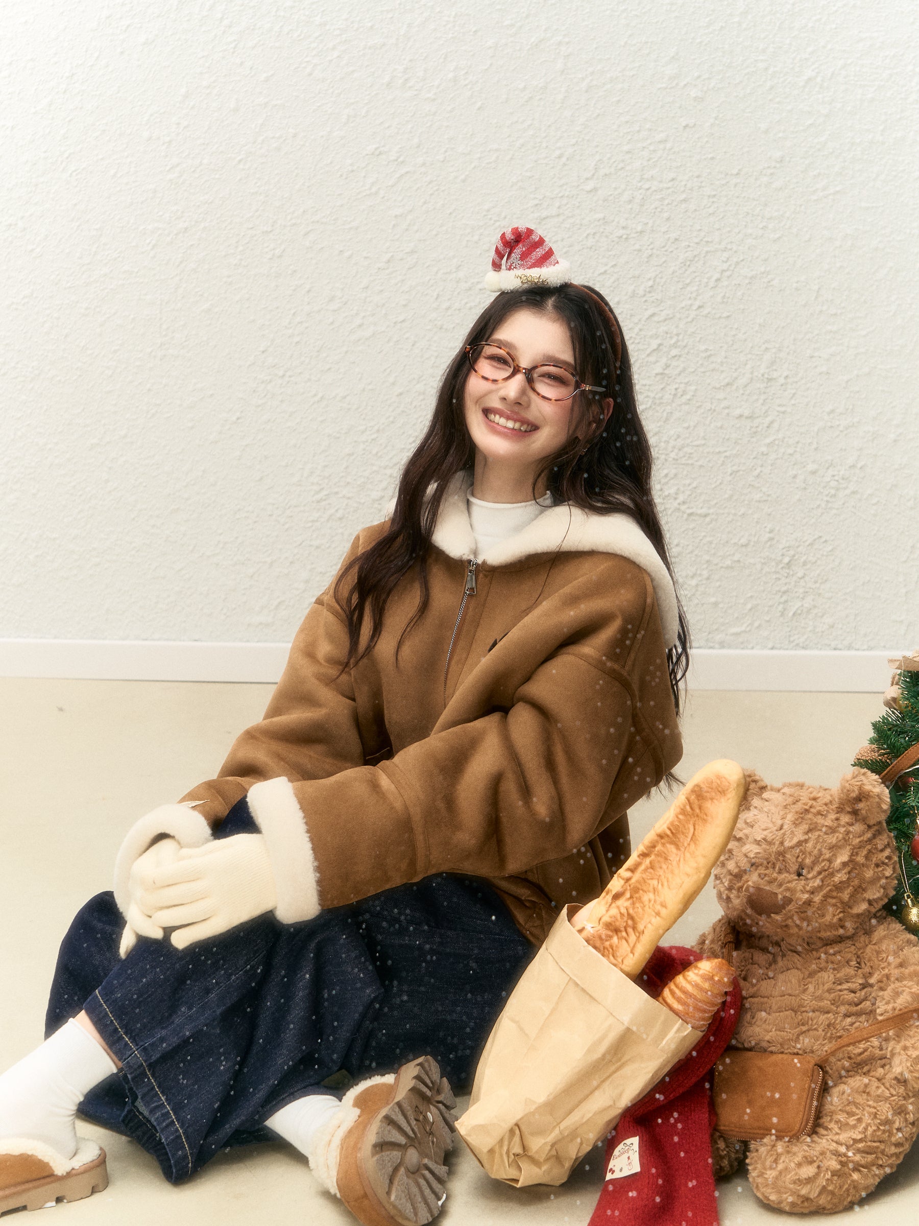 Women's winter warm thick fur coat, warm fur collar, top designed with suede ELEVEN SLEEP