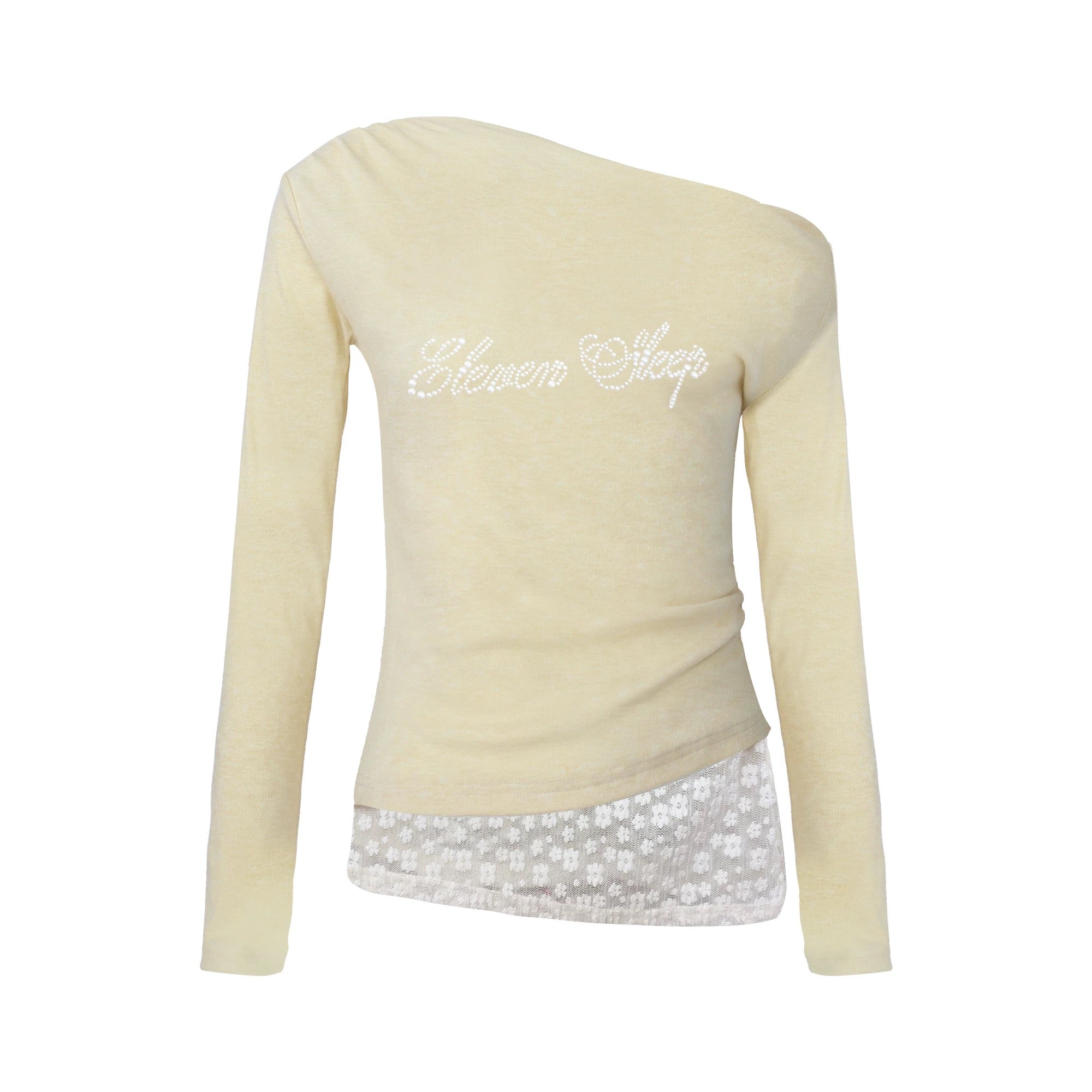 Korean style long sleeve off-the-shoulder diamond lace design T-shirt for women autumn ELEVEN SLEEP