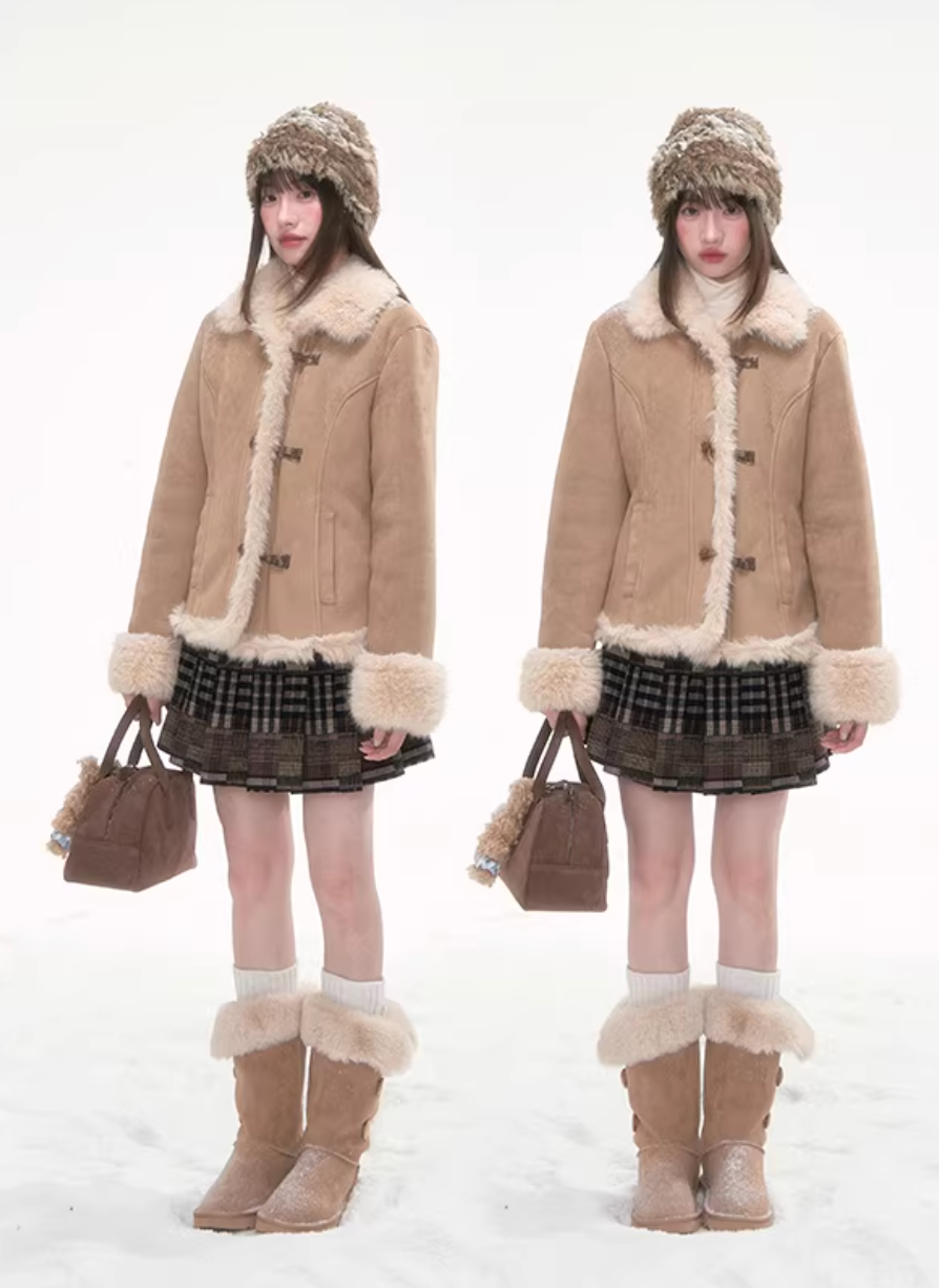 CANSTOREGIRLS New retro winter coat "Pine Cones and Snow" for women from Canned Goods Store, soft fleece short jacket.