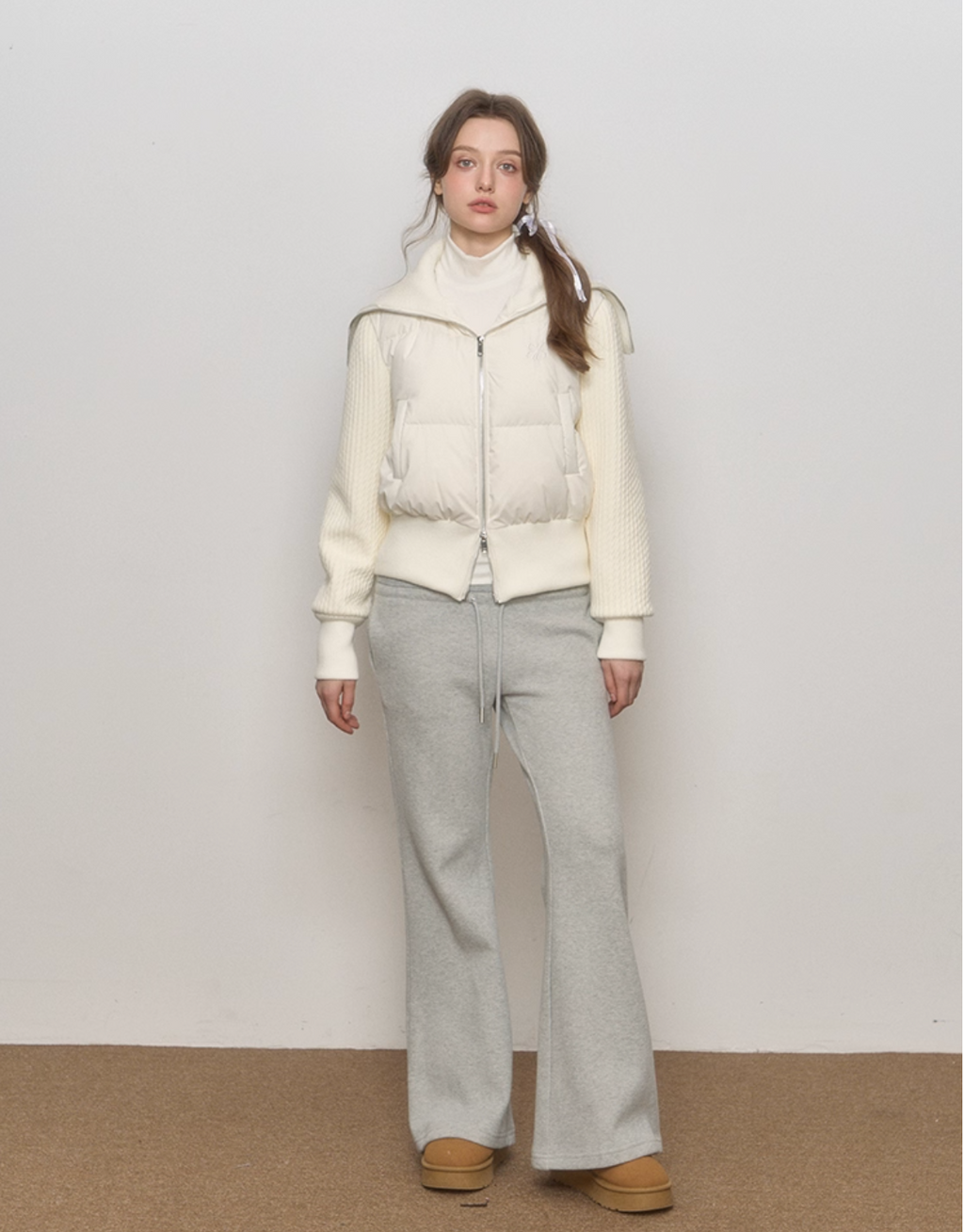 QDQD White minimalist short down jacket with wool blend sleeves