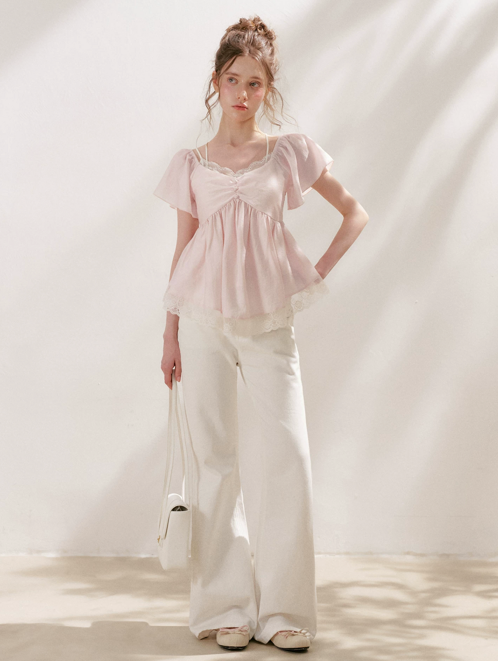 KROCHE French lace "Tencel Acetate" shirt with V-neck, short sleeves, comfortable A-line waist