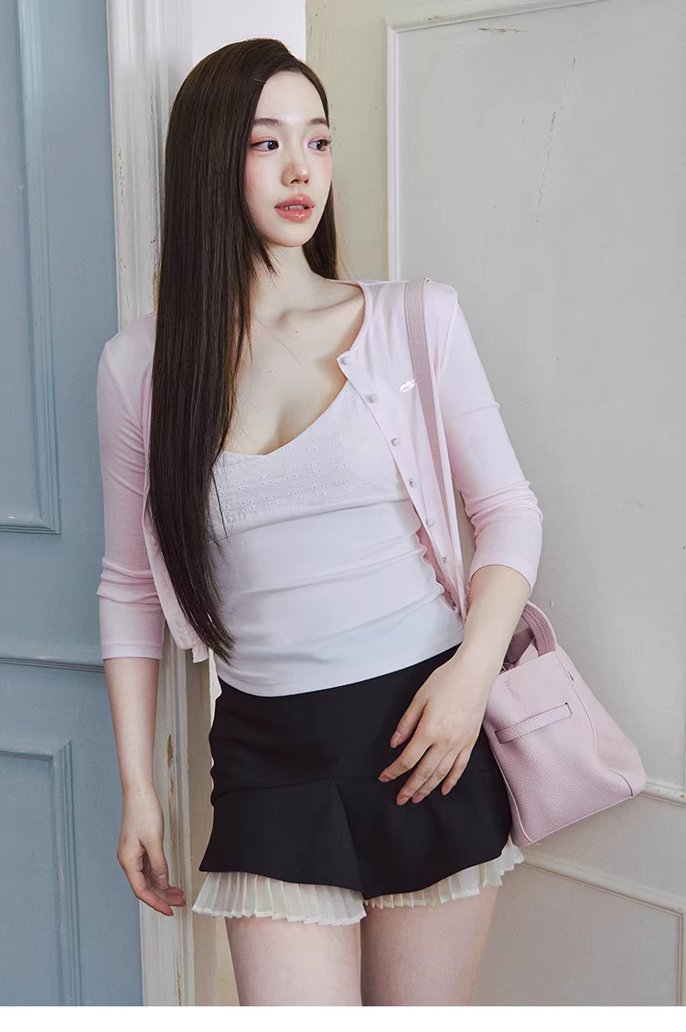LaluneDuCiel Simple, hollow, embroidered tank top with removable chest pad, versatile for women.
