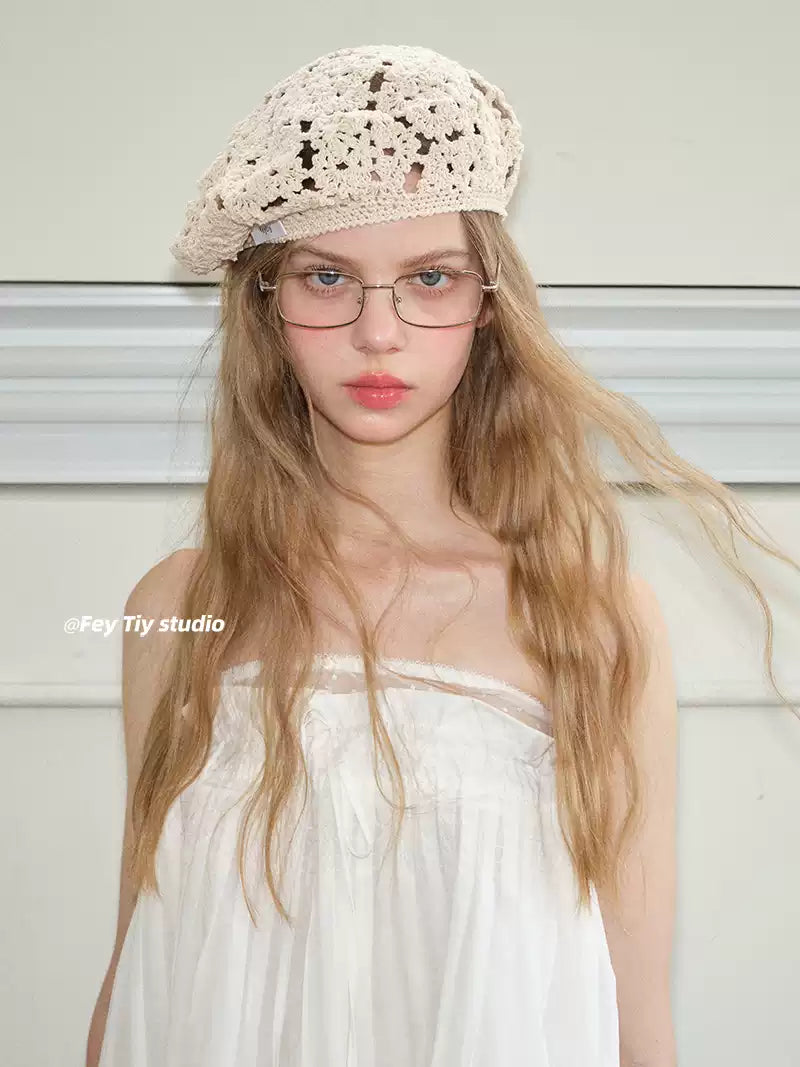 Feitiy White Knitted Floral Baby Hat