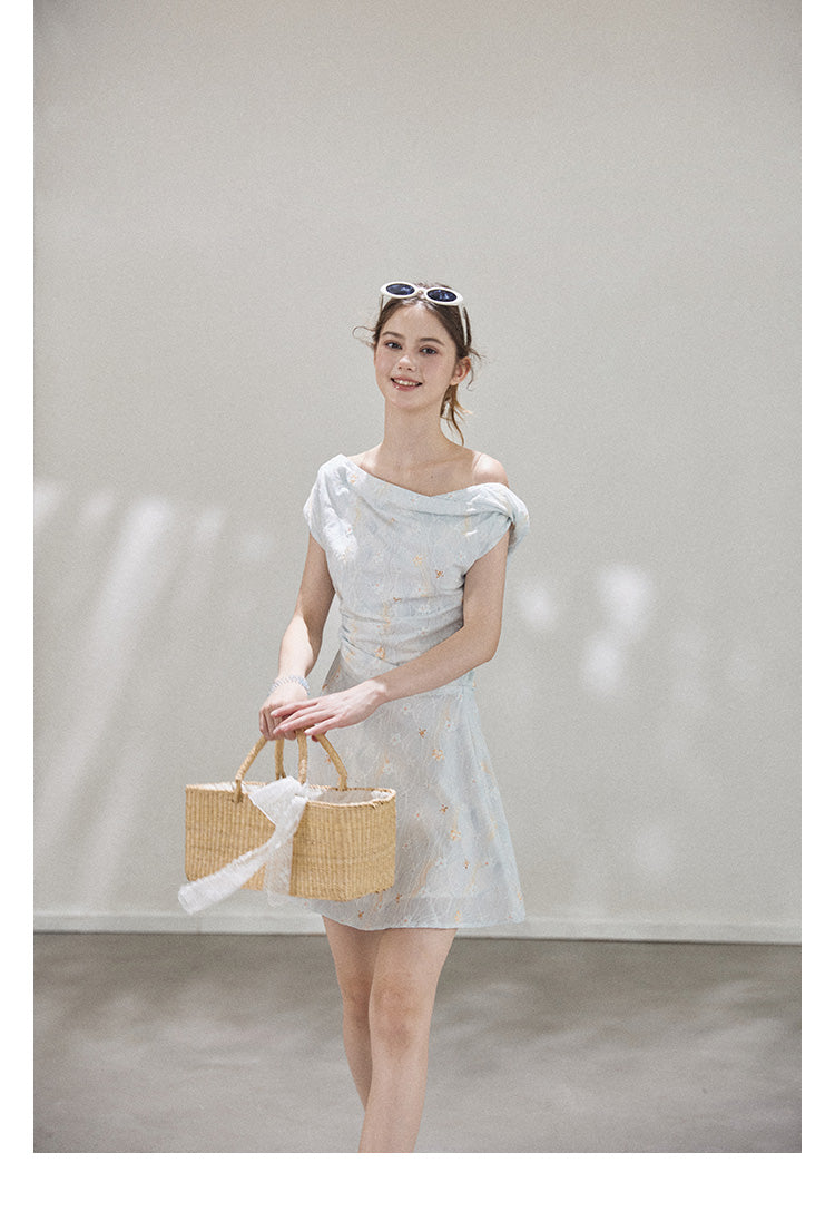 "Star Mist Hazy" Off-shoulder pleated floral print mini dress for women, summer Callmelater