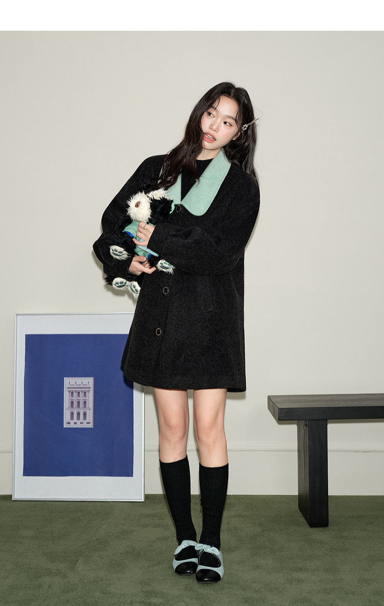 KOUSE Women's 2025 New Autumn Winter Classic Medium-Long Woolen Coat Black and Gray