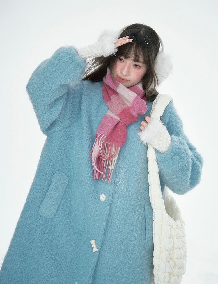 CANSTOREGIRLS Canned Goods Store women's coat 2025 winter new style color block medium length fur collar blue quilted wool