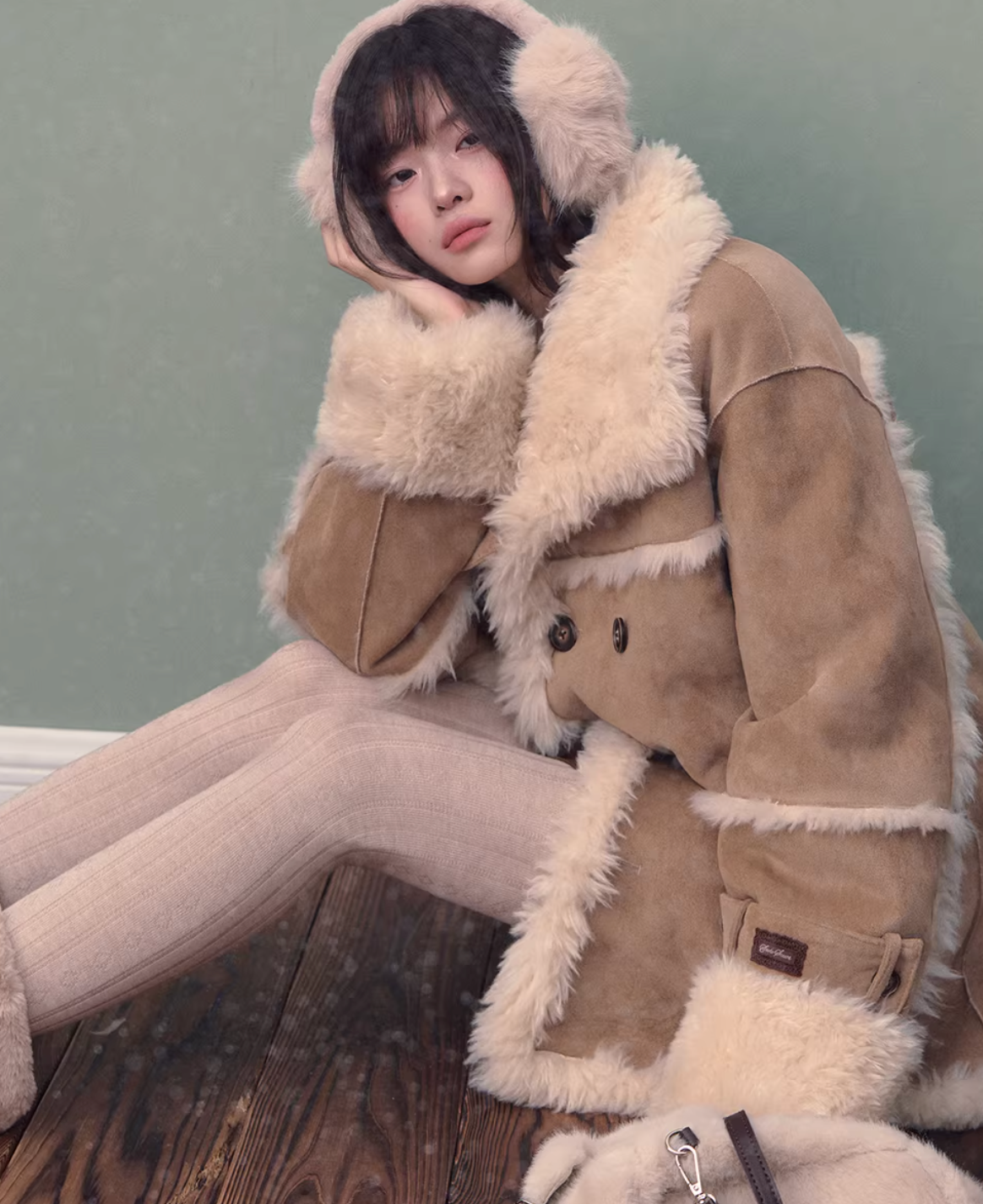 SOOTESEASON Soote Season's original Korean-style loose suede collar fleece jacket, knee-length.