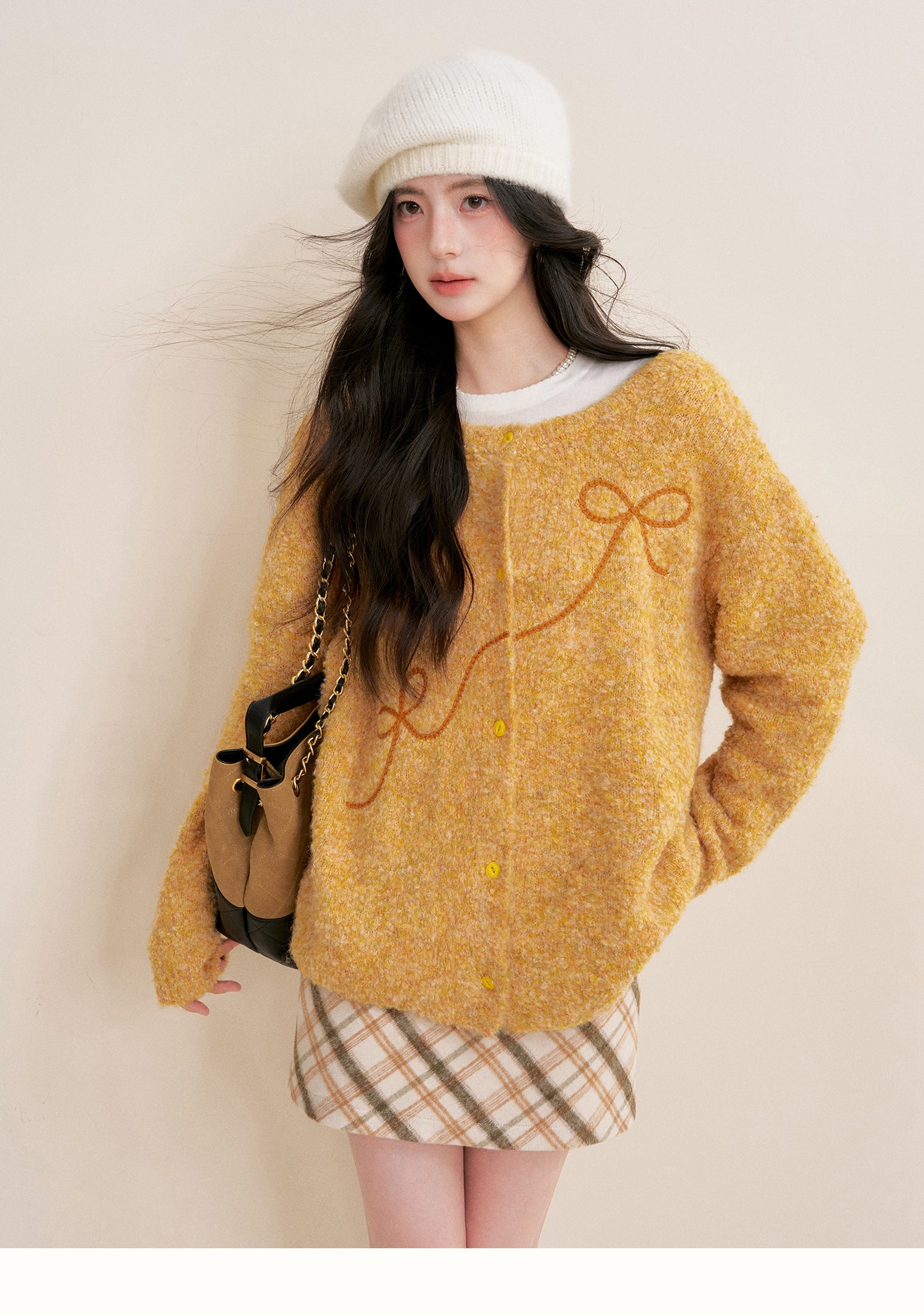 KROCHE Sunset Fluffy 25aw Thick Floral Bow Embroidered Cardigan