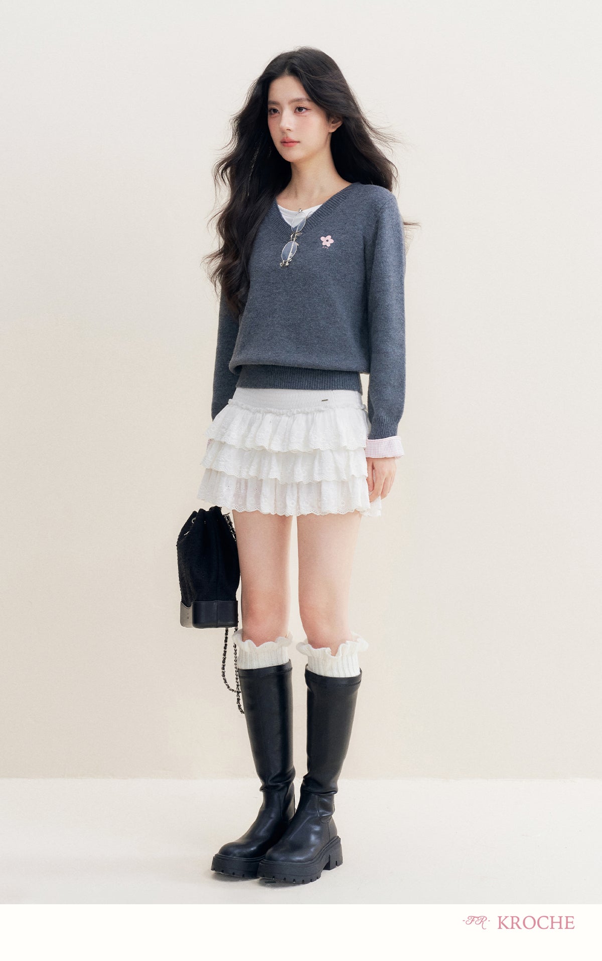 kroche 25AW two piece grey wool blend patchwork v neck sweater with bow