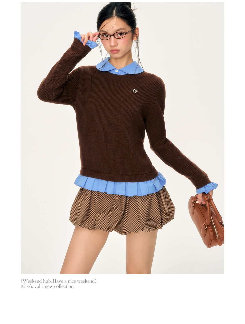 WEEKENDHUB ブラウン ツーピース セーター 秋冬スタイル、韓国風ワークシャツ モデル 2025 レディース