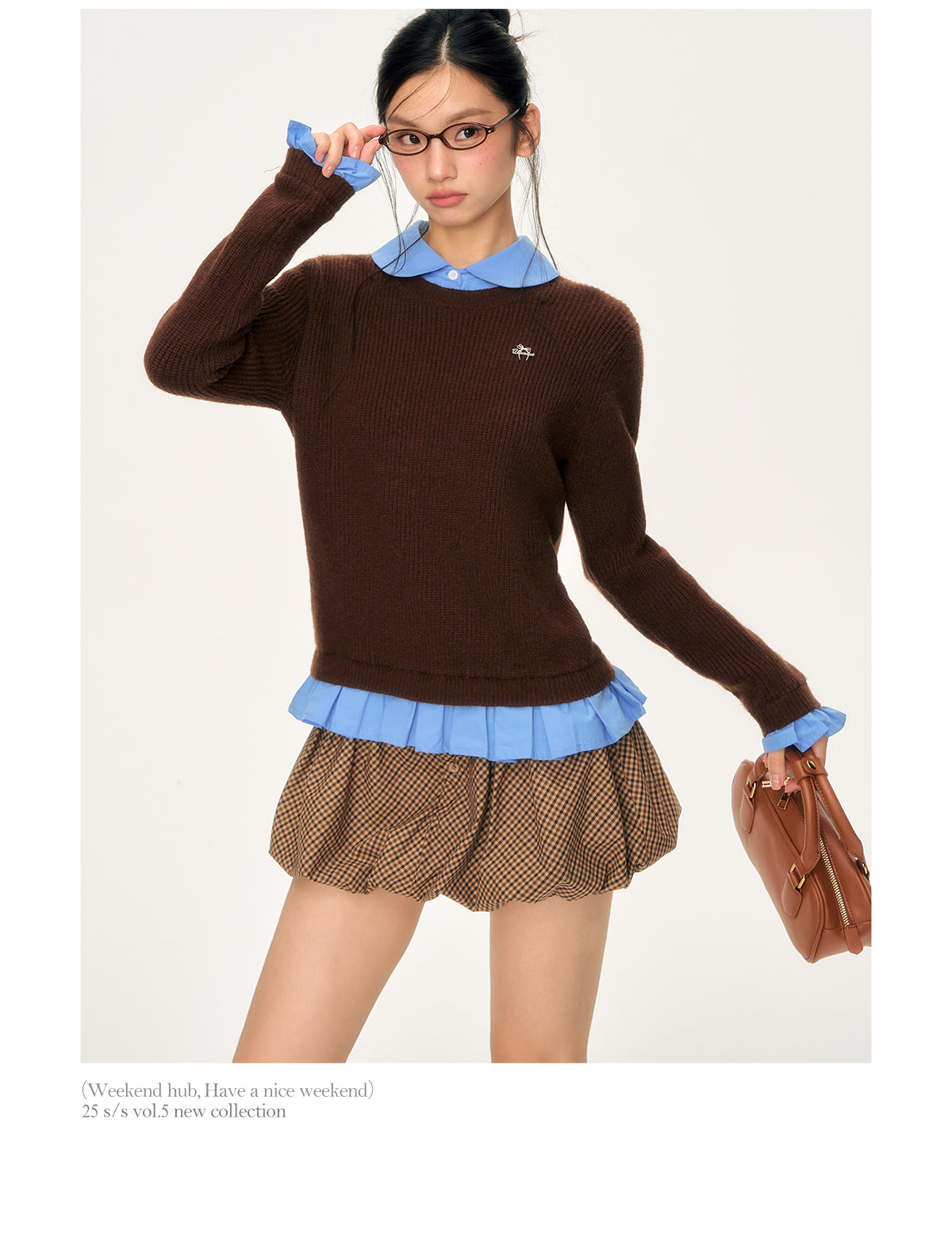 WEEKENDHUB Brown two-piece sweater autumn winter style, Korean style work shirt model 2025 for women