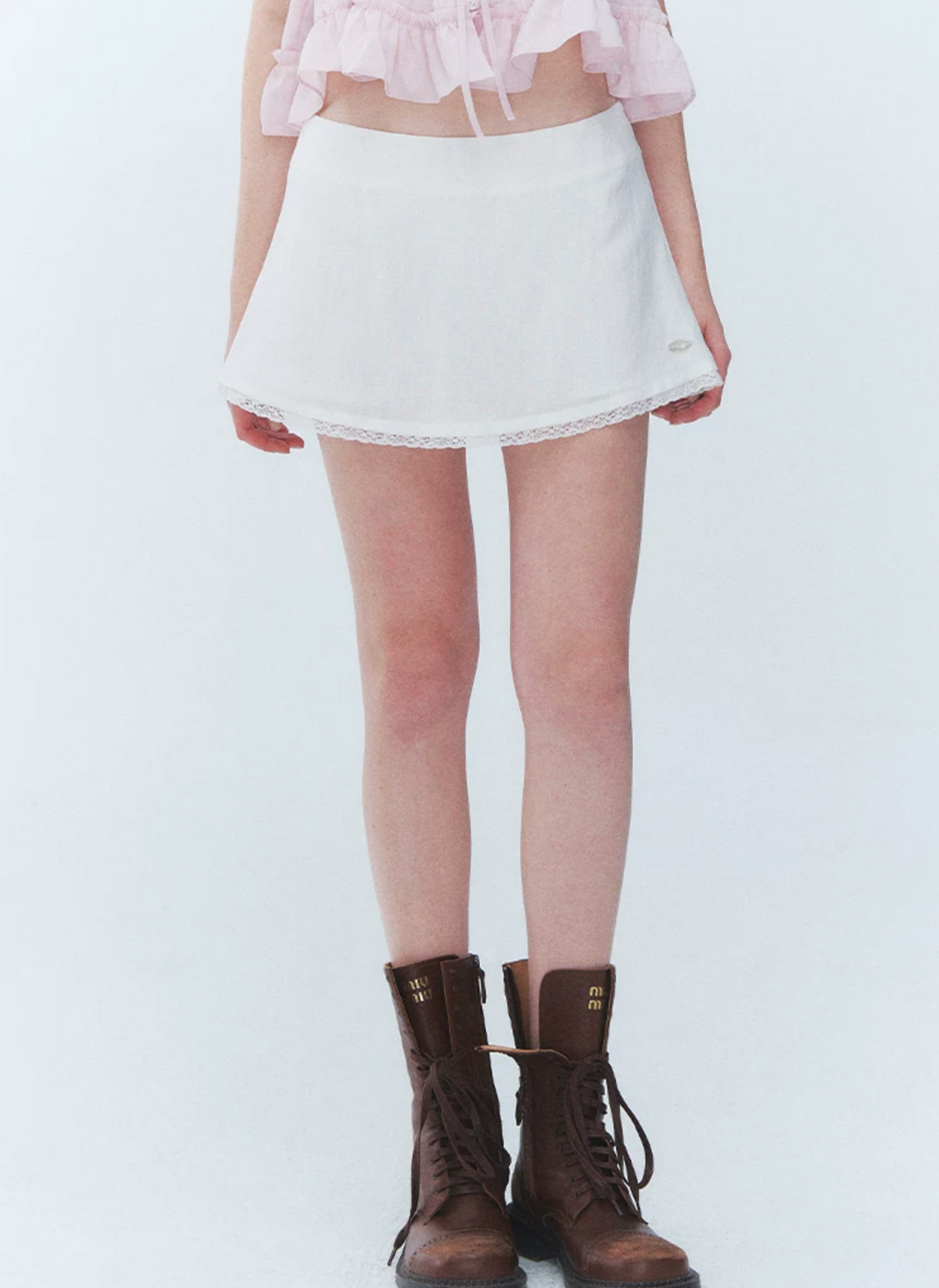 LaluneDuCiel White loose skirt with floral patterns, lace trim, Korean style, versatile, suitable for everyday wear