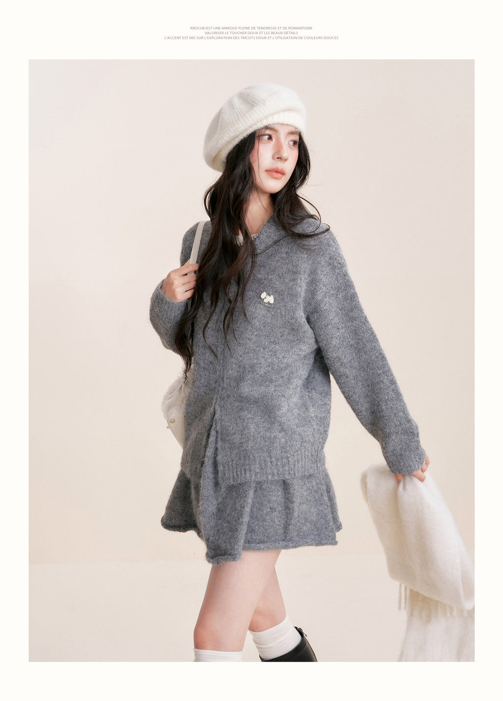 KROCHE Winter Warm A-line Cardigan Sweater Set Gray Double Zipper for Puppy 25aw