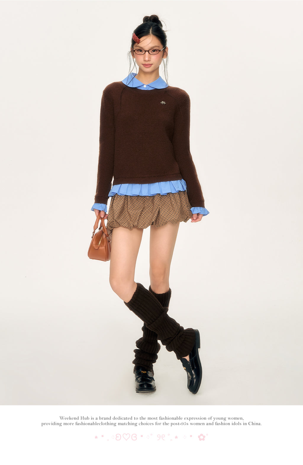 WEEKENDHUB ブラウン ツーピース セーター 秋冬スタイル、韓国風ワークシャツ モデル 2025 レディース
