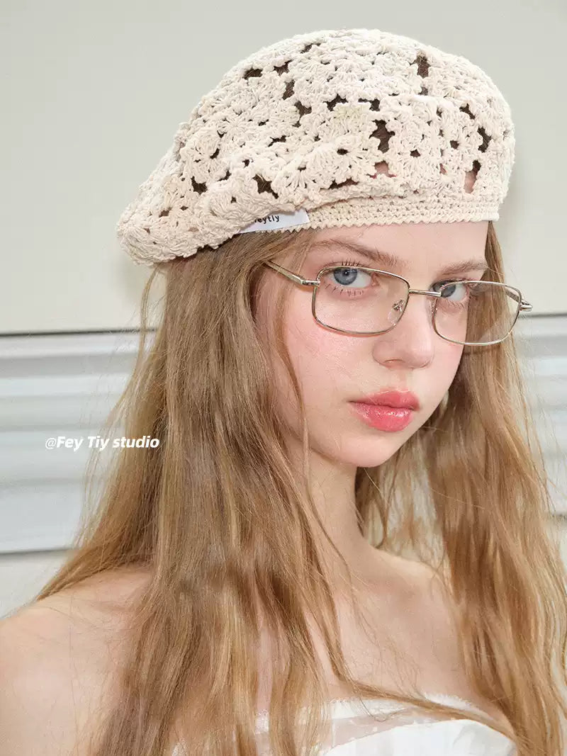 Feitiy White Knitted Floral Baby Hat