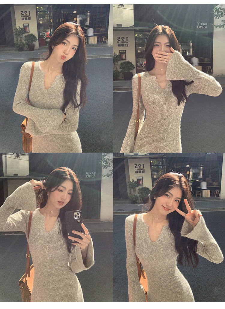 MULVAN MULVAN Women's Sexy V-Neck Sweater Dress, Fall/Winter, Slim Fit, Waistband, Bodycon Mini Skirt