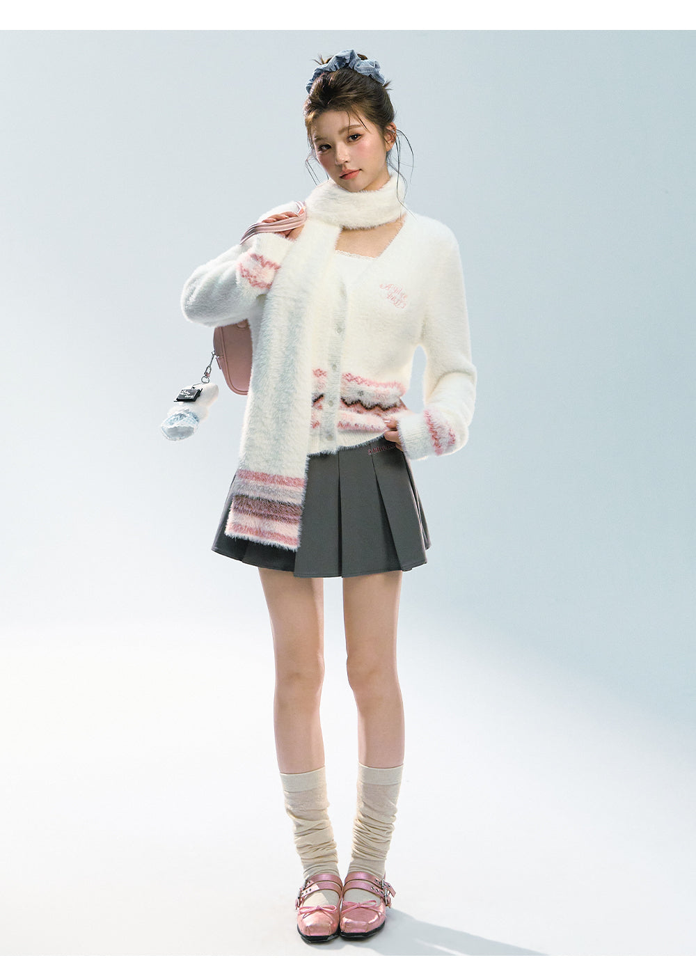 ABLUEBERRY [Tian Xiwei Style] Blueberry velvet scarf cardigan, Korean sweet style Fair Isle sweater