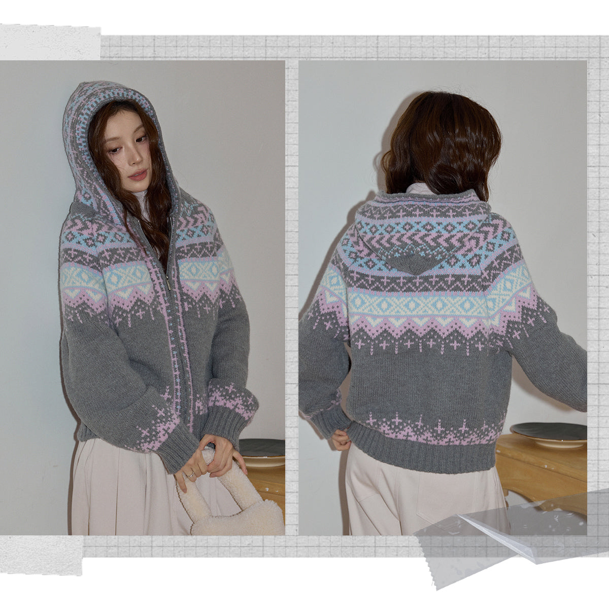 KAOKA Chaochao Fair Isle Beige Christmas Hooded Sweater Women's Long Sleeve Thick Sweater